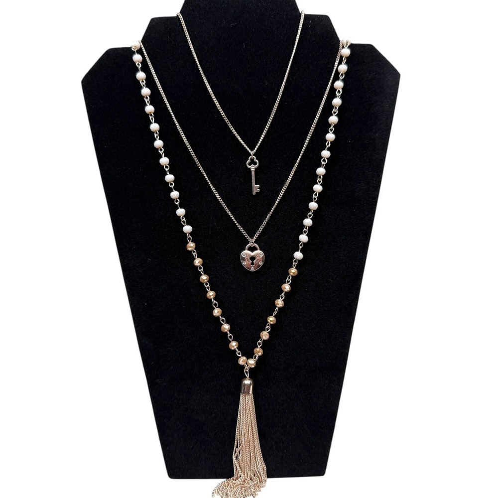 Rose Gold Tone Layered Lock and Key Charm Tassel Necklace Faceted Glass Beads